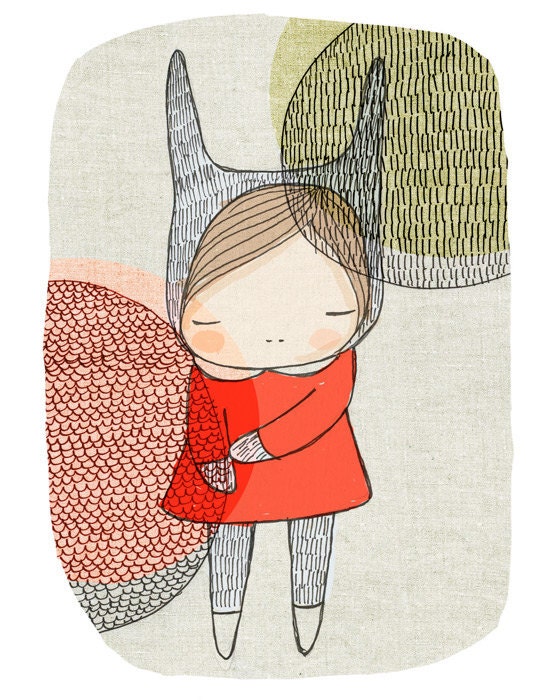 Childrens art - Bunny Rabbit Girl With Circles A4 Illustration Print - 8.2x11.6" (21x29.7mm)