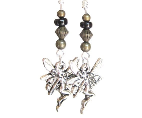 Silver Fairy Earrings, Bronze Beaded, Fairy Charms, Wire Wrapped, Sterling Wires, Fantasy Earrings, Brown Shell Heishi