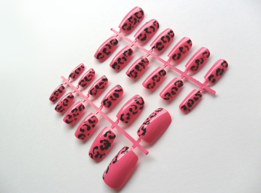 Neon Cheetah Pink Nail Art cat hand painted fake black artificial fashion leopard animal print design nails w/ Glue