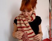 Knitted scarf, red beige, unrefined wool, High tech, Chili scarf, natural, organic, winter accessory, smart casual, long scarf, denim, jeans