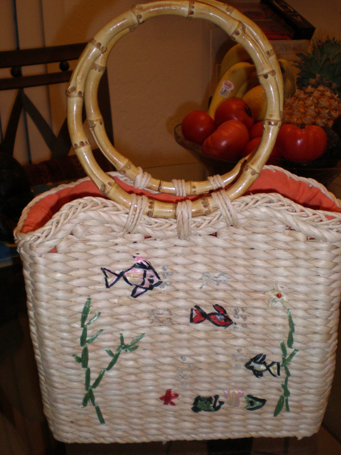 Rockabilly 50s Touristy Cuban Style Purse Fish Decorated Palm Straw and Bamboo Rings Orange Fabric Lining