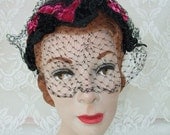 Vintage 1950s Hat Black Fuschia Velvet Veiling Sunnyland Hats Label