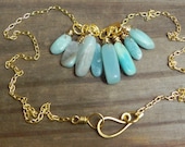 amazonite cluster necklace, semi precious gemstone beadwork necklace, gold tone Amazonite necklace, blue stone necklace, gypsy