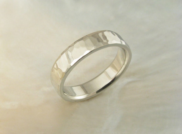 hammered white gold wedding band, 6mm wide, comfort fit -- waterfall style
