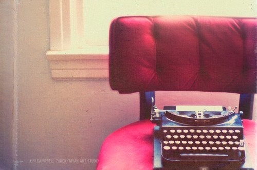 purple home decor, vintage typewriter photo, plum cranberry red velvet chair, gift for authors writers, photograph, eggplant burgundy wine