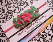 Hot Pink Skinny Stretch Headband with Hot Pink and Green Watermelon Print Flowers