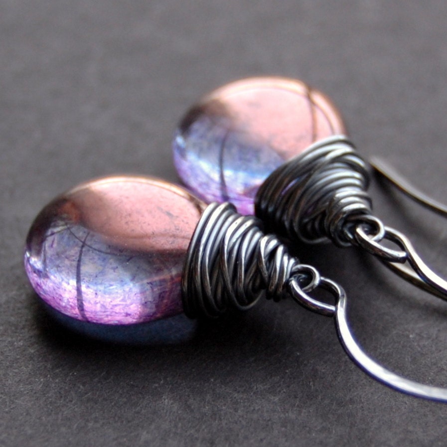Purple Glass Earrings, Oxidized Sterling Silver Wire Wrapped Czech Glass Flat Teardrop, Amethyst Luster, Sterling Silver Earwires