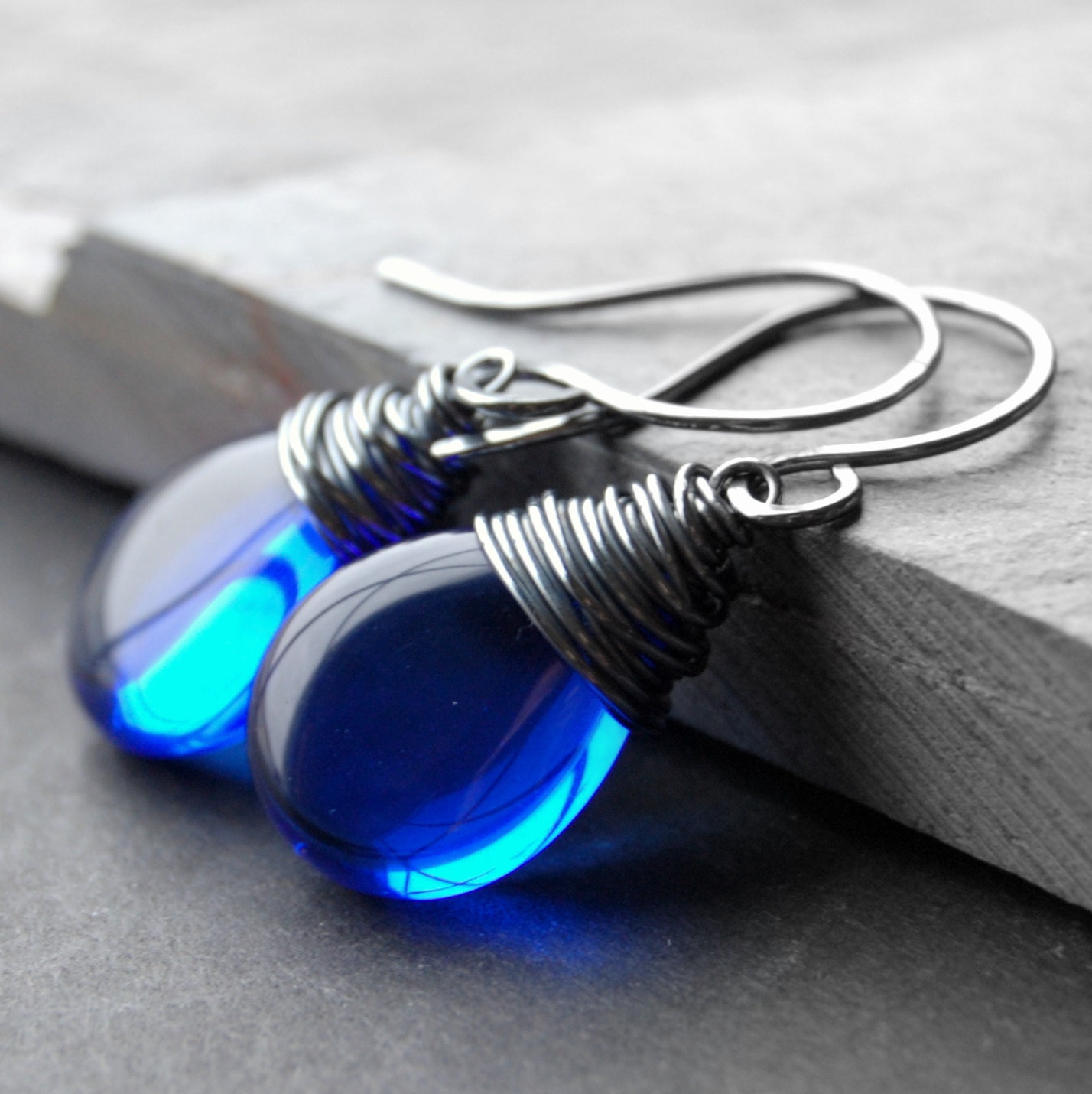 Oxidized Blue Glass Earrings, Sterling Silver Wire Wrapped Cobalt Czech Glass Flat Teardrop, Handmade Sterling Silver Earwires