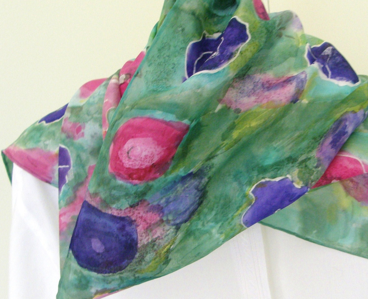 Hand painted silk scarf.  Purple pink green hand drawn flowers 8x54 long