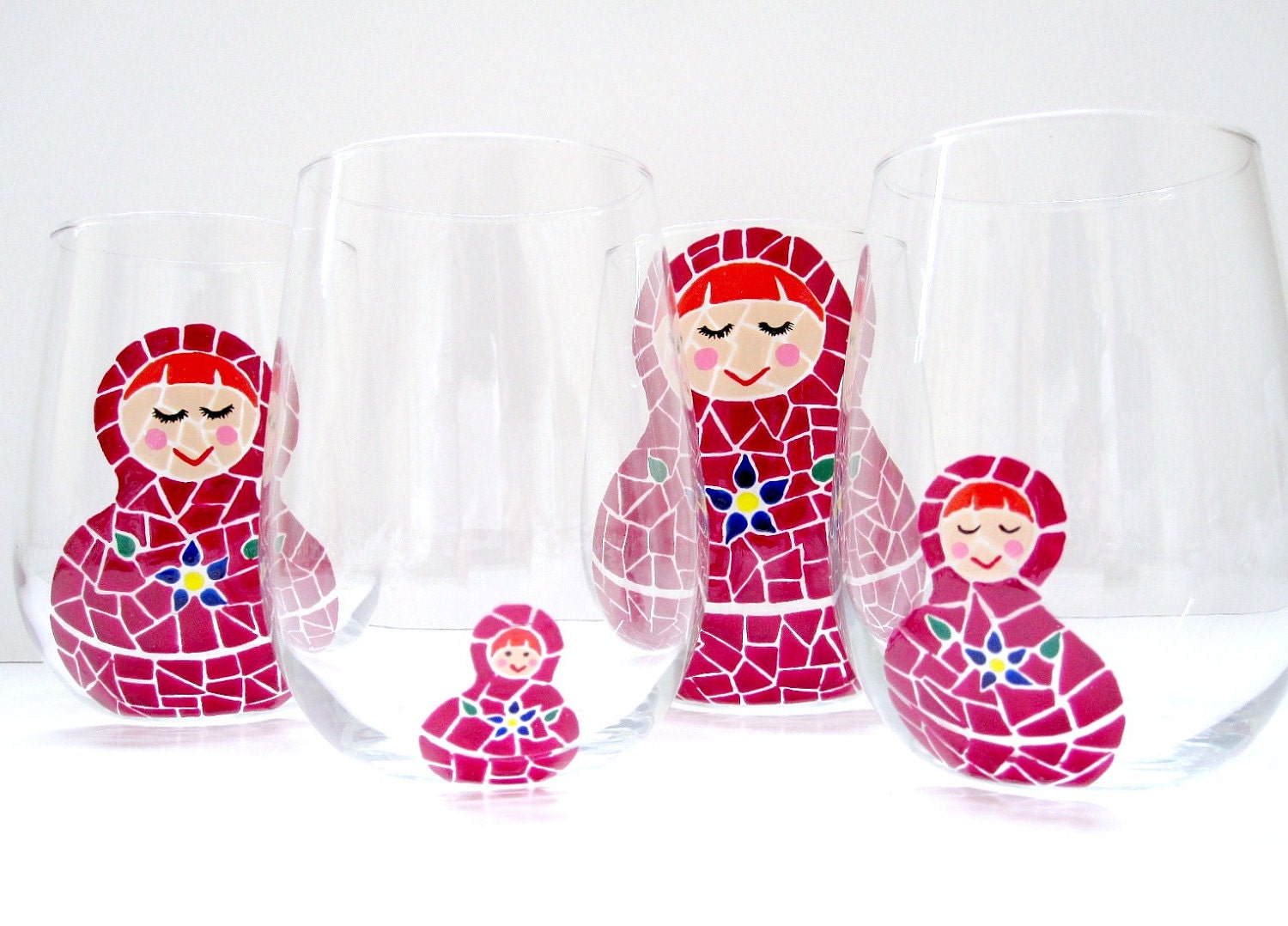 Nesting Dolls Painted Wine Glasses- Set of 4