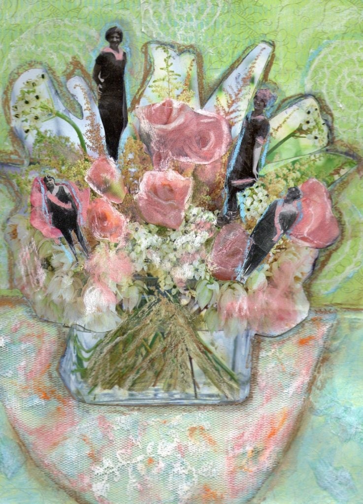 Vintage Swimsuits and Rose Bouquet: Bathing Beauties at the Rose Parade Archival Vintage Photo Art Collage Print