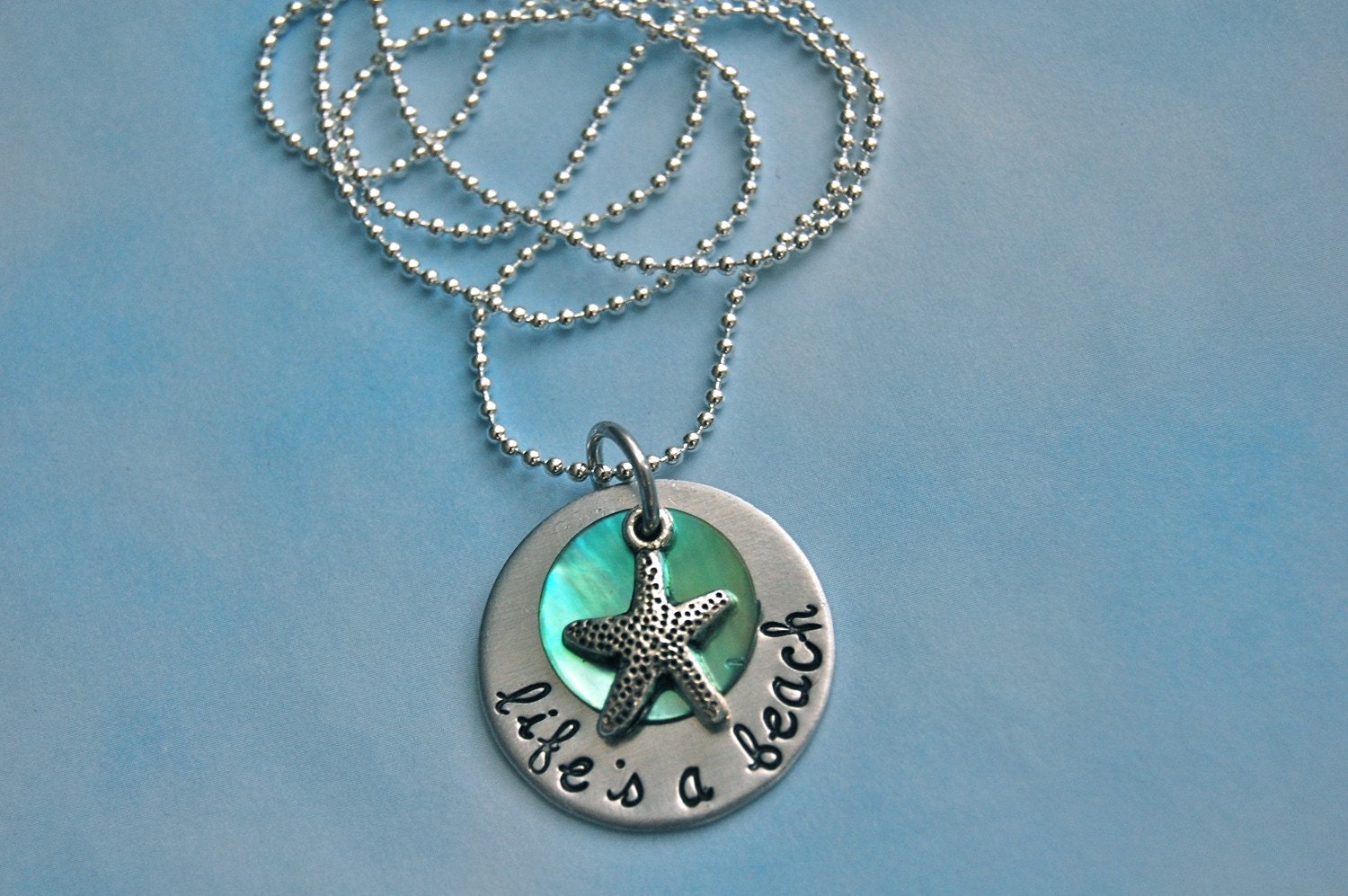 Life's a Beach, hand stamped shell stacked necklace