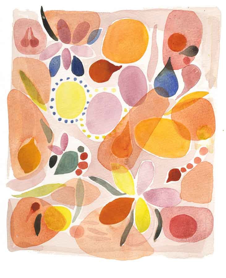 Orange Nature print from original watercolor painting - wall Art - organical forms nectarine peach