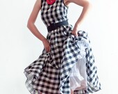 SAMPLE SALE - Retro Inspired Gingham Tea Length Full Skirt Dress With Belt - Ready To Ship