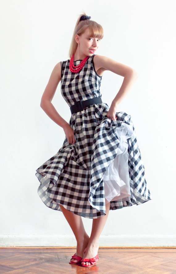 SAMPLE SALE - Retro Inspired Gingham Tea Length Full Skirt Dress With Belt - Ready To Ship