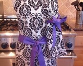 Mommy and Me Retro Apron Set for Women & Children - Vintage Inspired Black and White Damask with Purple Ties