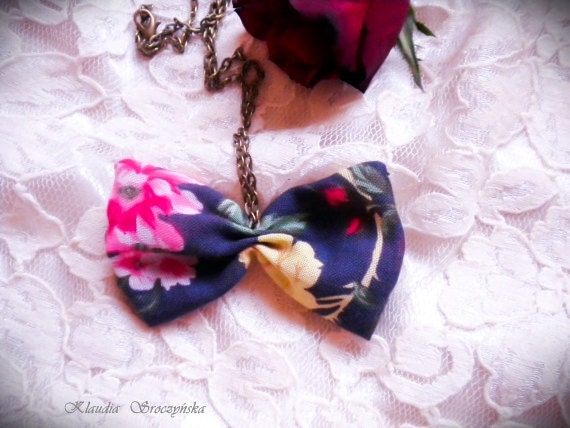 Floral Necklace Bow tie necklace - in floral print fabric bow pendant with chain Kawaii necklace