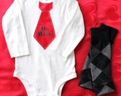 Baby Boy Silky Red "Be Mine" Tie Onesie and Leg Warmers Set.   Any Embroidery / Personalization.  Baby Boy's 1st Outfit.