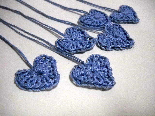 Heart Motifs, Six Cotton Hearts, Wedding Decor, Bridal Shower Decorations, Cottage Chic, Crocheted Hearts, Blue