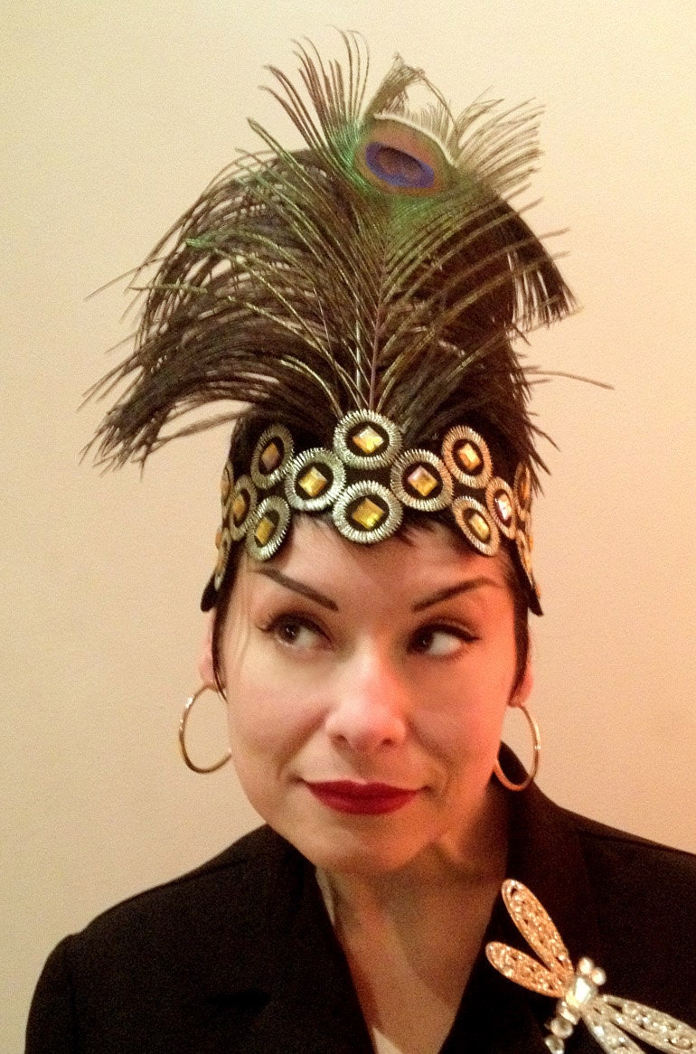 GREAT GATSBY Black & Gold Flapper Headband w. Golden AB Crystals