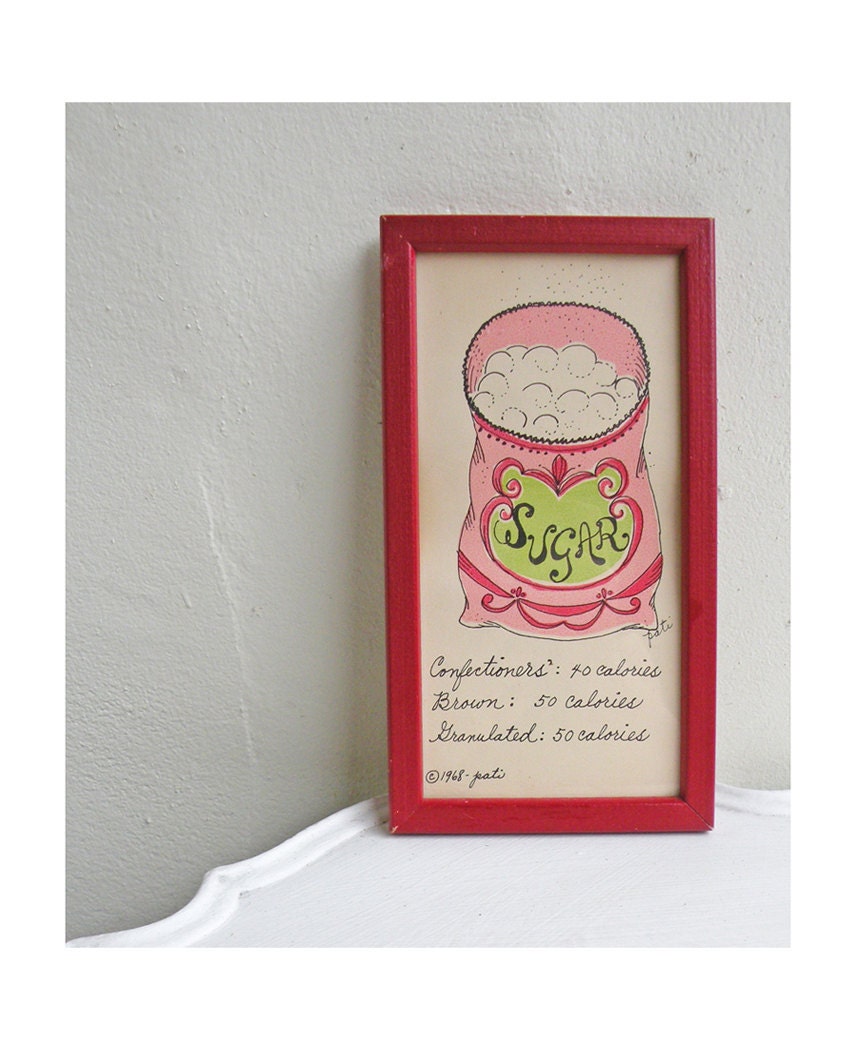 Vintage Sugar Framed Art Print Picture Vintage Retro Kitchen Decor Baking Illustration Cursive Text 1968 Pink Red Green