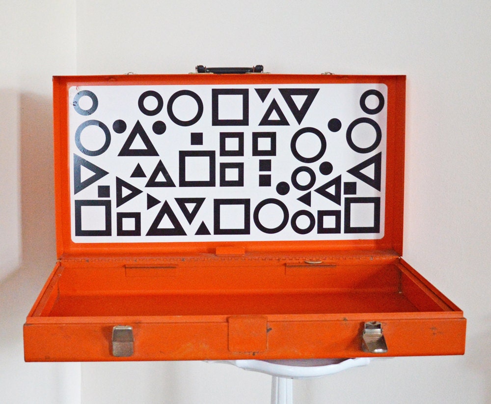 Large Vintage Industrial Metal Box Case Fluorescent Orange Black and White Geometric Shapes Medical Doctor Kit
