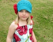 1T/2T or 2T/4T Flower Newsgirl Newsboy Crocheted Hat in Peacock with Large Red Flower