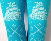 Octopus Tights Pirate Printed Small Medium White on Deep Turquoise Blue Women