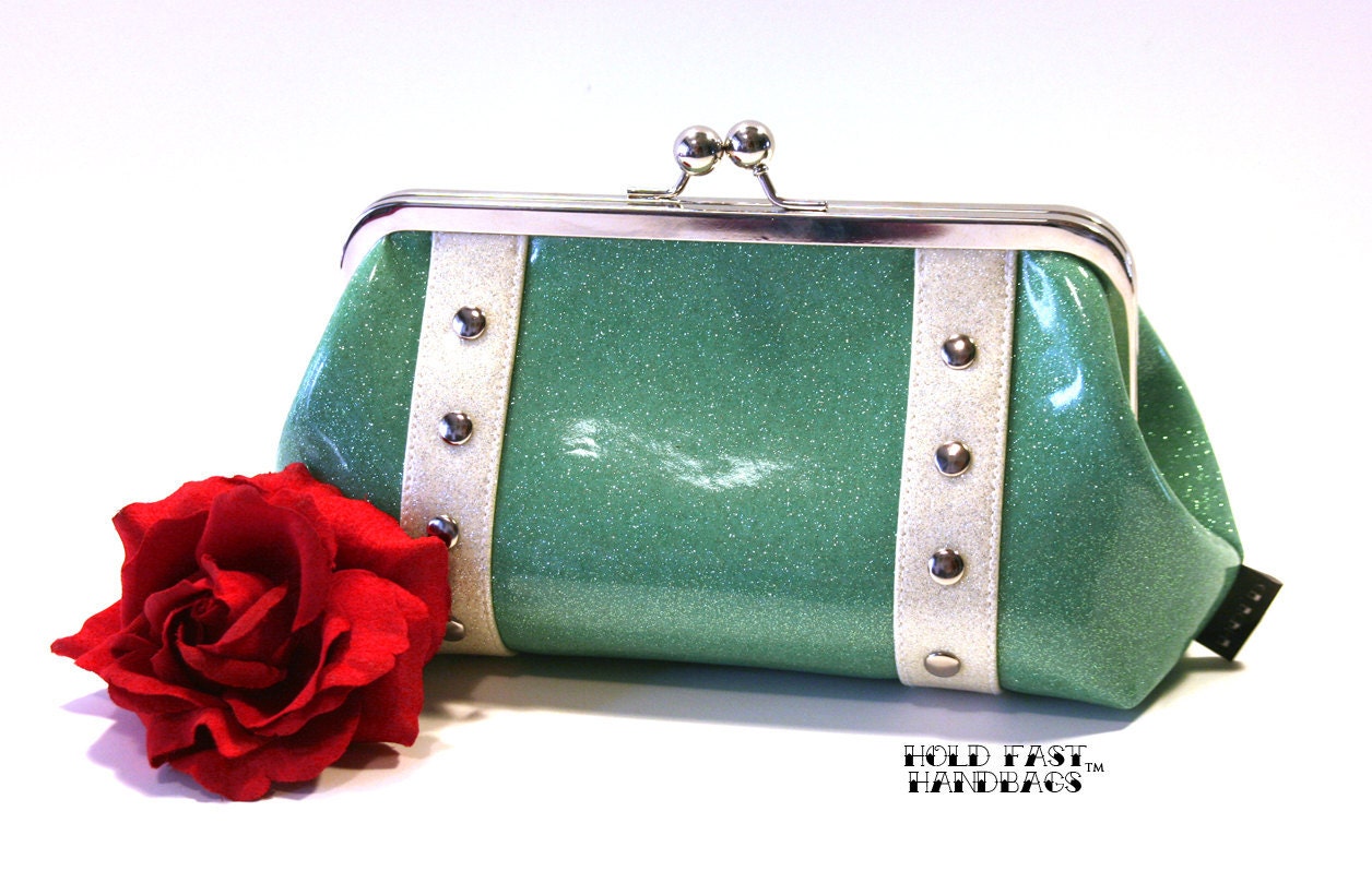 Aqua Sparkle Vinyl Clutch with Your Choice of Contrast Vinyl, Retro Rockabilly Clutch, Seafoam, Mint Green - MADE TO ORDER