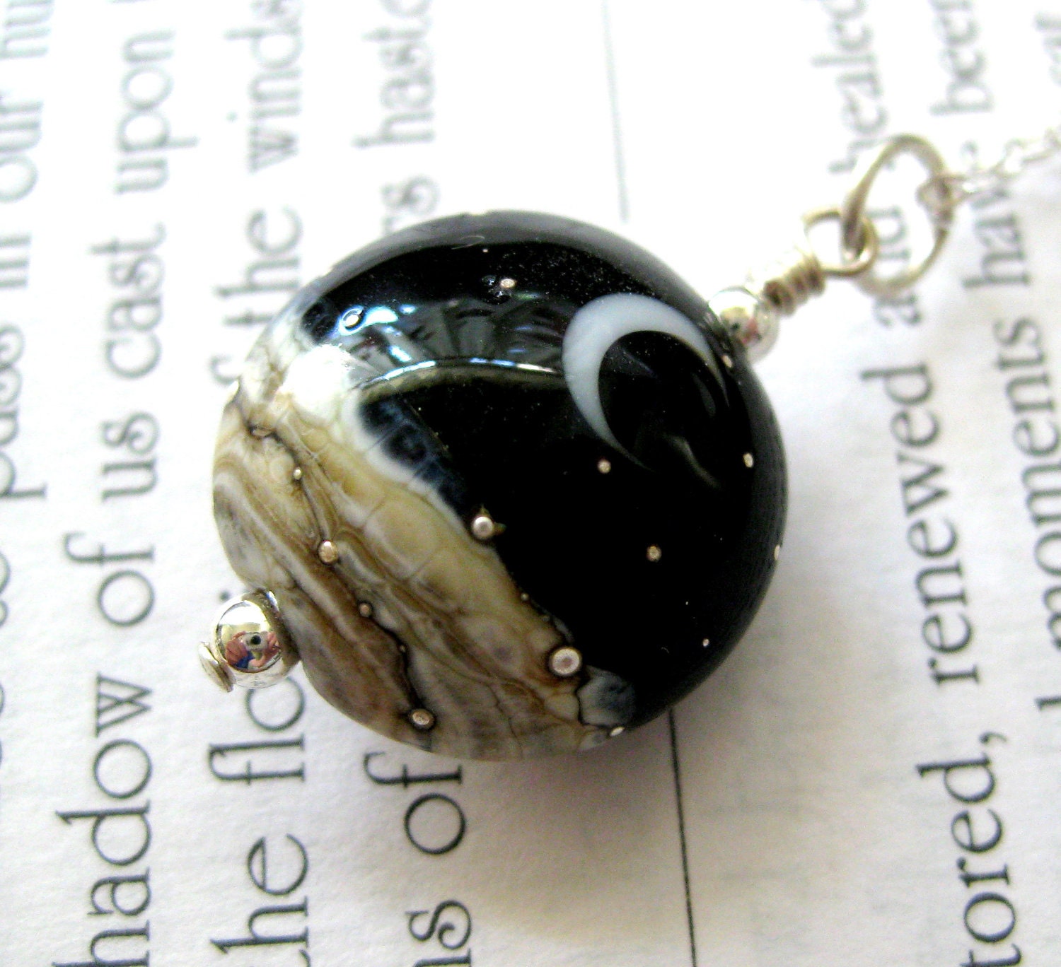 Moon necklace, Moon and stars necklace,  Black white necklace, Lampwork necklace, Silver stars necklace, Midnight crescent moon necklace