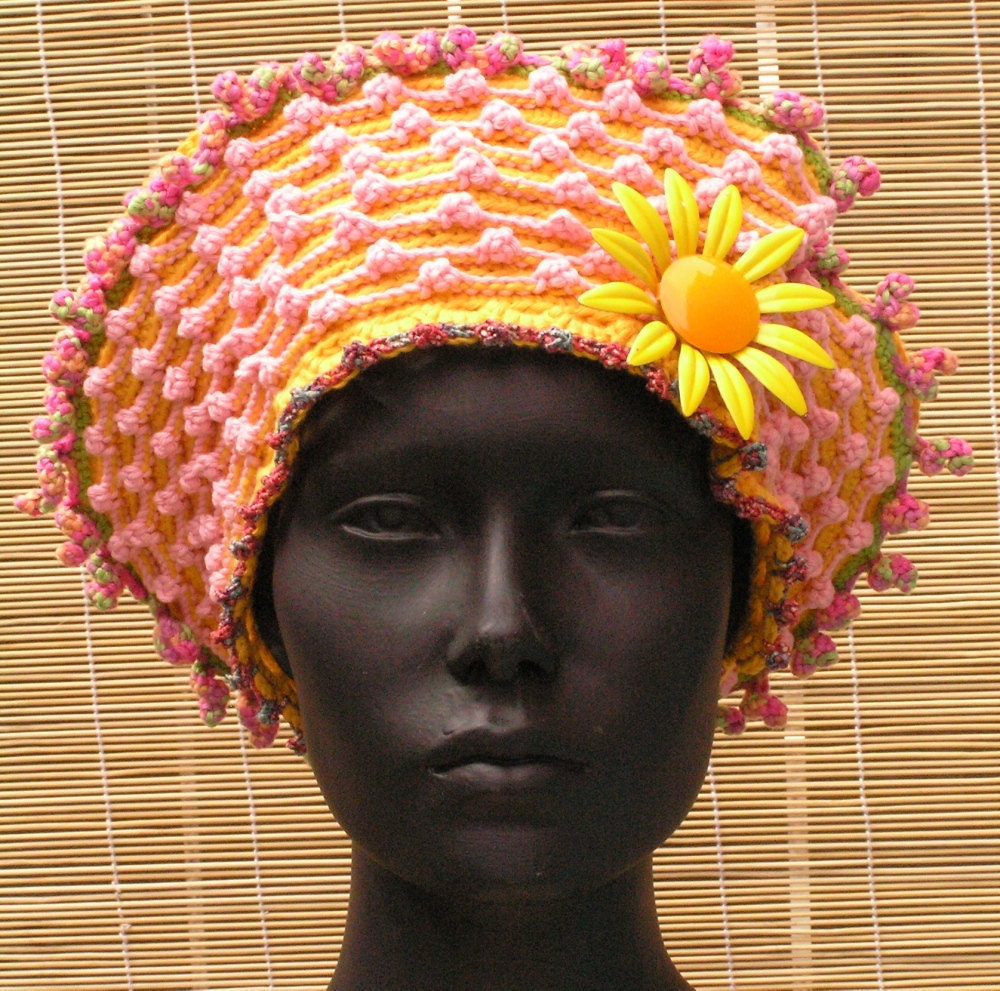 Soft Pink & Yellow Mega Crochet Hat with a Beautiful Sunny Metal Flower Pin...