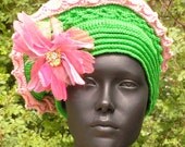 Bright Green & Soft Pink Crochet Hat with a Beautiful Pink Flower Pin...