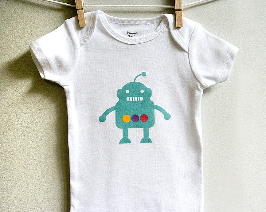 Baby boy onesie, robot, teal blue. Short sleeve. Your choice of size.