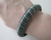 SALE 25 PERCENT OFF Vintage 70s Rustic Boho Silk Fiber Dark Blue Gray Black White Thread Wrapped Bangle Bracelet