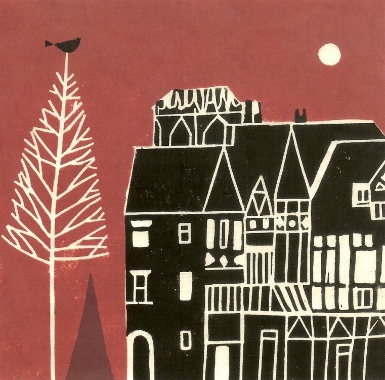 Medieval Village Print - Lino Block Print, English Tudor Houses, Black & Red, Original Linocut Limited Edition