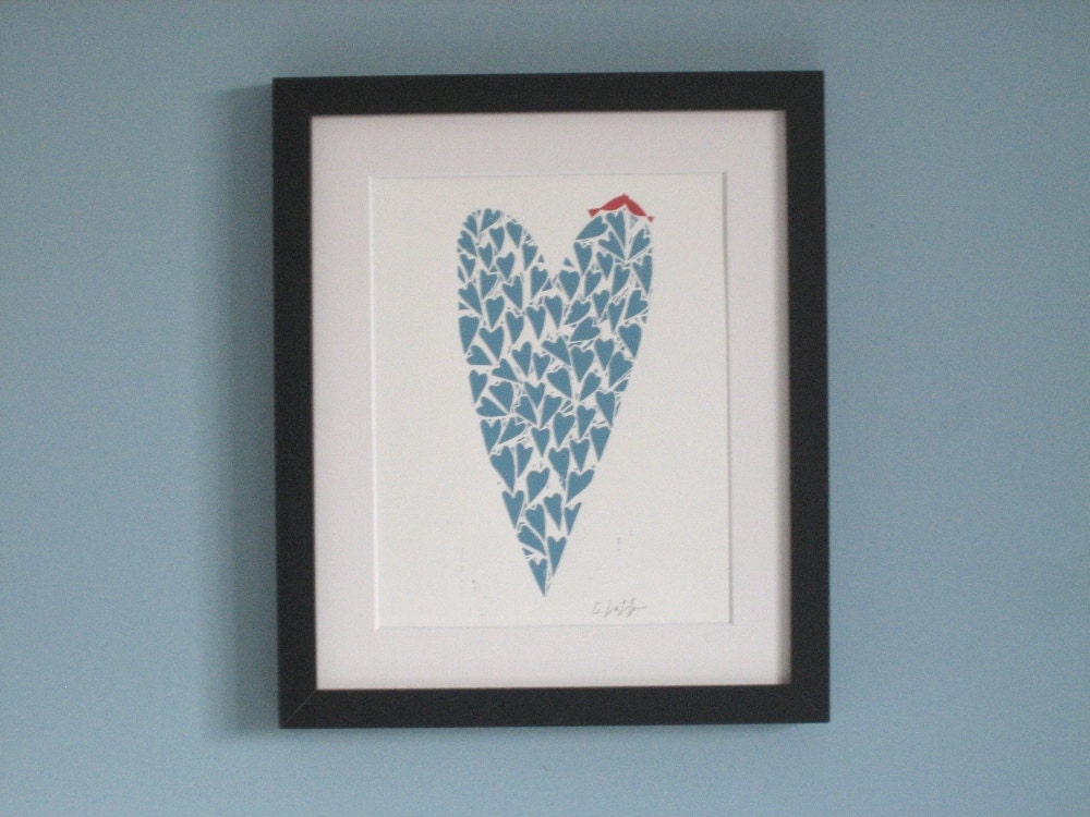 Love Heart Linocut Print -  Teal Blue Art-Original -Love Birds -Anniversary Print, Signed , Romantic Gift