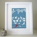 Birds on a wire -White Doves Linocut Print - Teal blue Art, Original Print, Hand Painted Detail