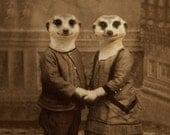 5 x 7 Meerkat Art Print, Mixed Media Collage Print, The Meerkats, Sepia Altered Antique Childrens Portrait, frighten