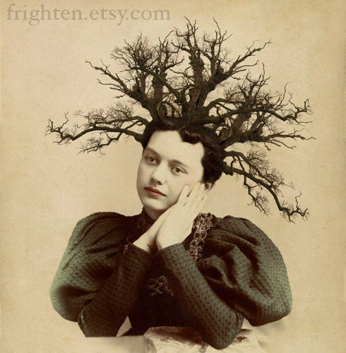 Nature Inspired Art, Mixed Media Collage Print, Twiggy, Altered Portrait of a Victorian Woman, frighten
