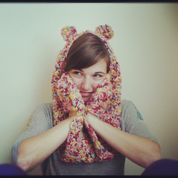 Teddy Bear Scarf with Paws OOAK Hooded Animal Scarf in Bubble Gum