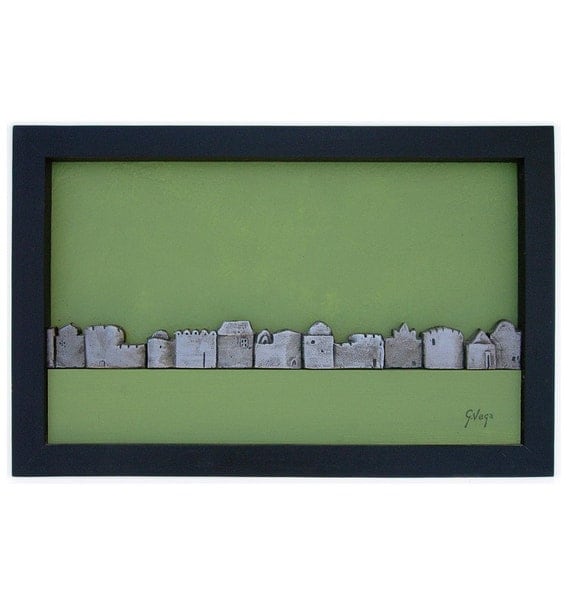 wall hanging- wall art - wall decor - home decor - framed piece - miniature houses - village - city