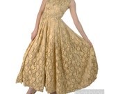 Cocktail Dress Gold Lace and Satin Long Dress Sleeveless Gown Vintage 50s Prom Dress