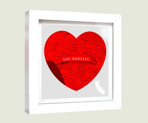 LOS ANGELES California Map Heart - Wood Framed Print - 8 x 8   - LA art wall hanging home decor
