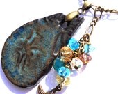 Ceramic Pendant Necklace - Czech Rondelle Beaded Cluster - Dark Ocean Depths Pendant Necklace - OOAK
