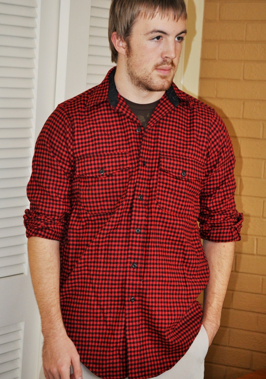 Men's Wool Shirt Size Small X-Long Tall Red Black Checked Vintage Hunter Woodland Homespunsociety