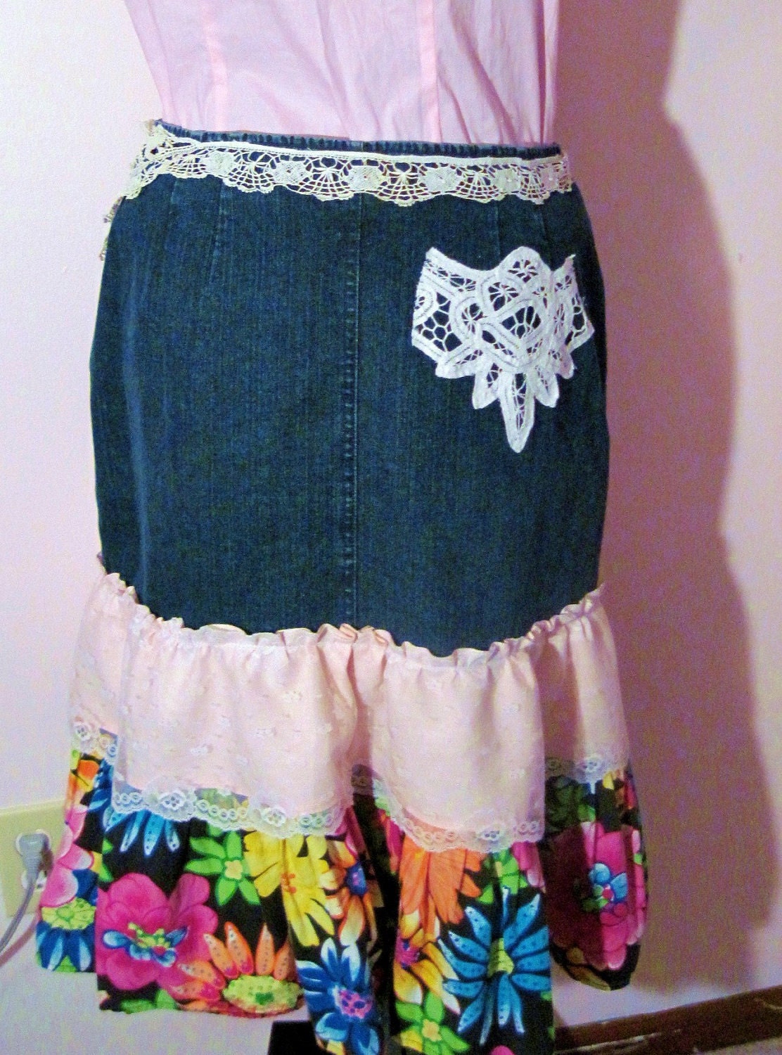 Upcycled Clothing Vintage Denim Skirt Upcycled Boho, Prairie Style for Women