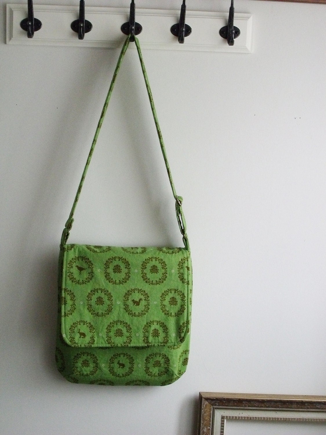 Cute green messenger bag, school bag: Echino animals and Alexander Henry Farmdale (The Earhart)