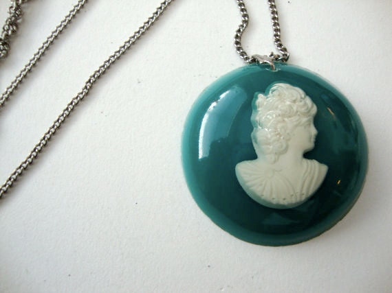 Vintage Cameo Necklace: Lady in Teal vintage lucite encased cameo necklace