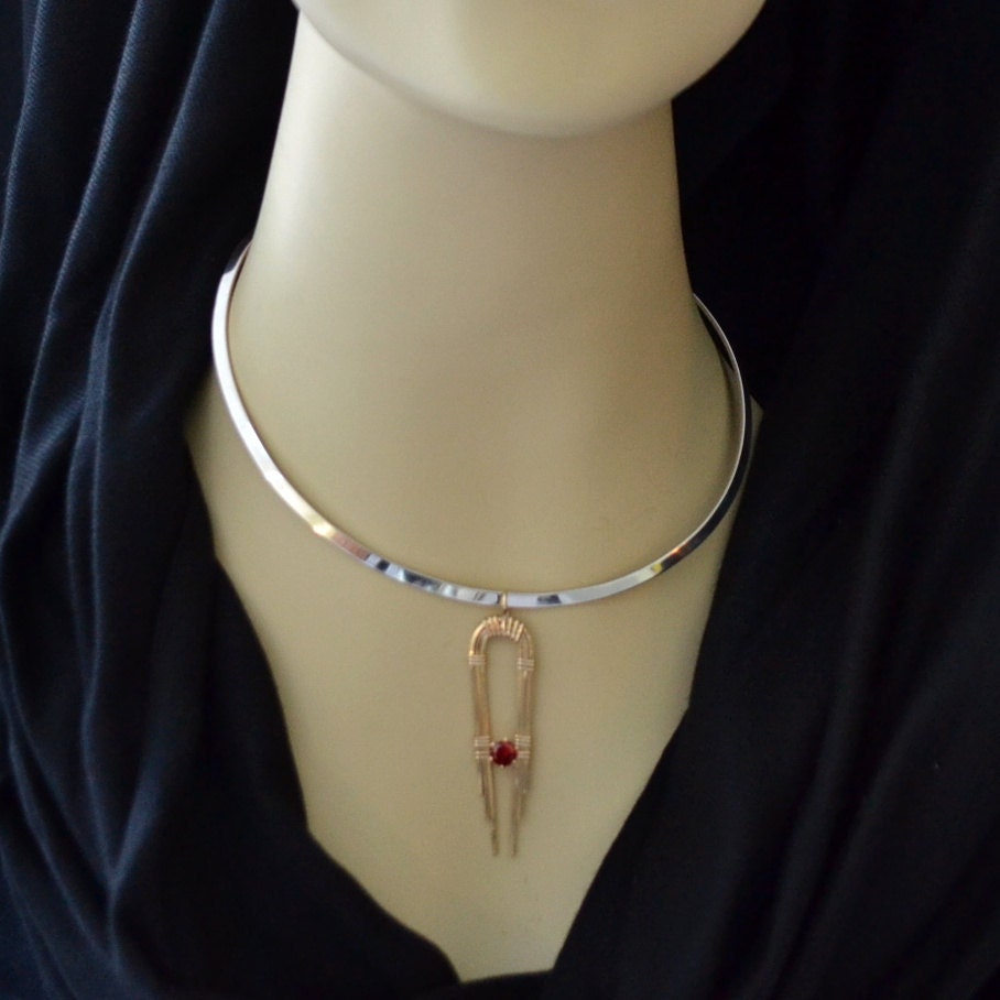 Gold wire wrapped Egyptian pendant with Garnet red Cz.  January birthstone   "Isis"