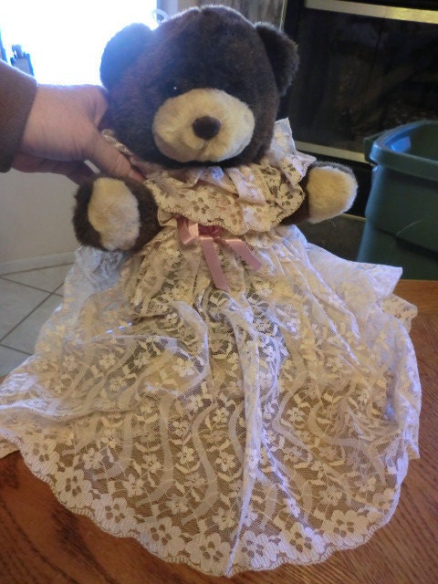 Vintage-1988 Stuffed Lemonwood Christening Bear-Vintage Lace Super long Dress